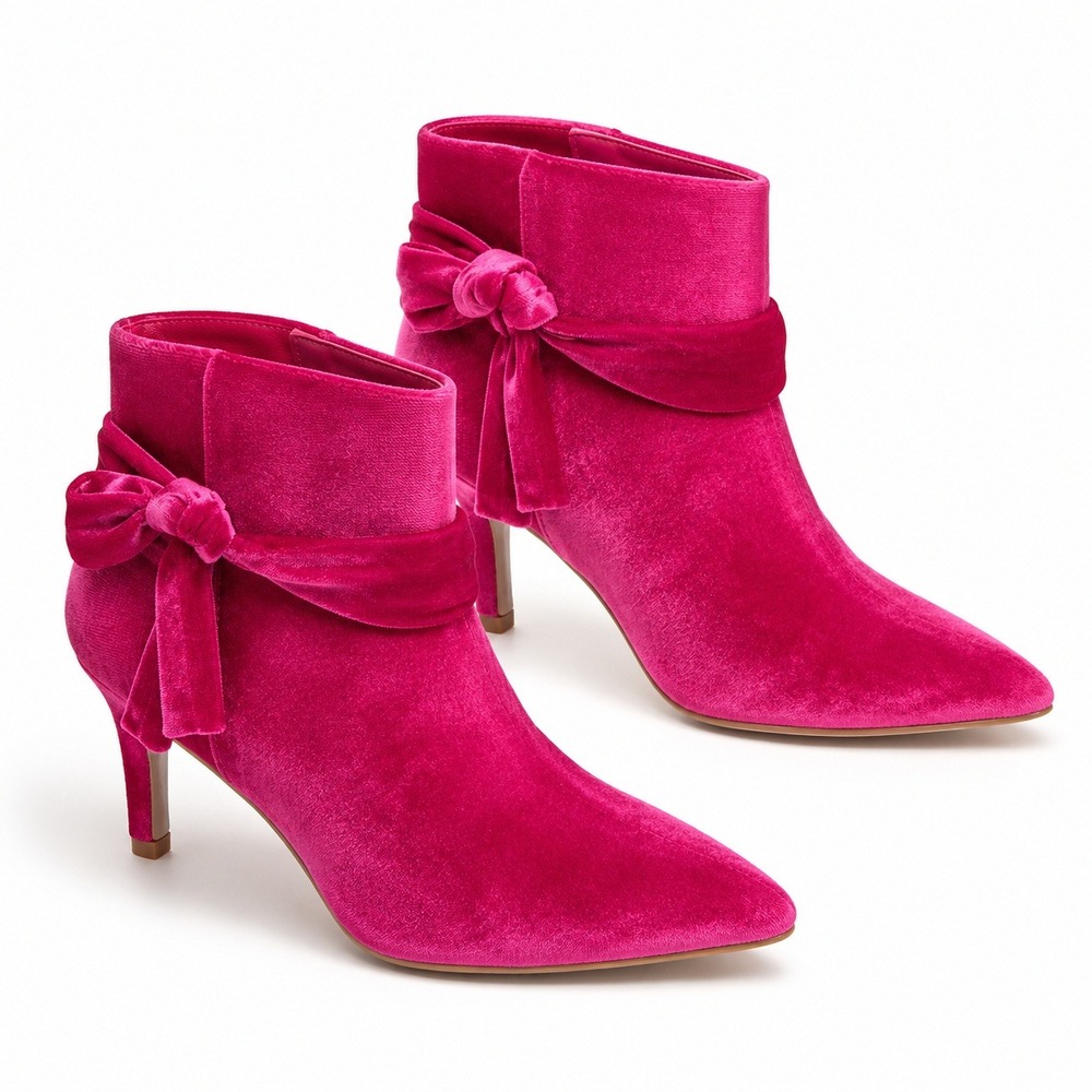 Torrid Velvet Pointed Toe Ankle Boots Womens 9WW Pink Bow Barbiecore Glam